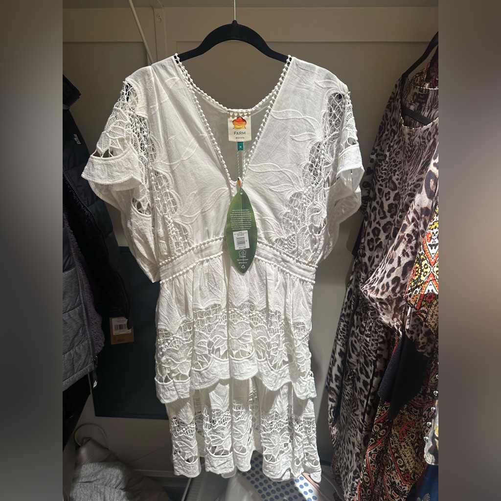 Farm Rio Brand New White Crochet Lace Tiered Dress